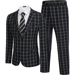Men's Black ( Plaid ) 2 Piece Suits Slim Fit 2 Button Business Wedding Party